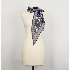 Coldwater Creek Scarf Navy Blue White Sheer Floral Stripe Rectangular Silk New